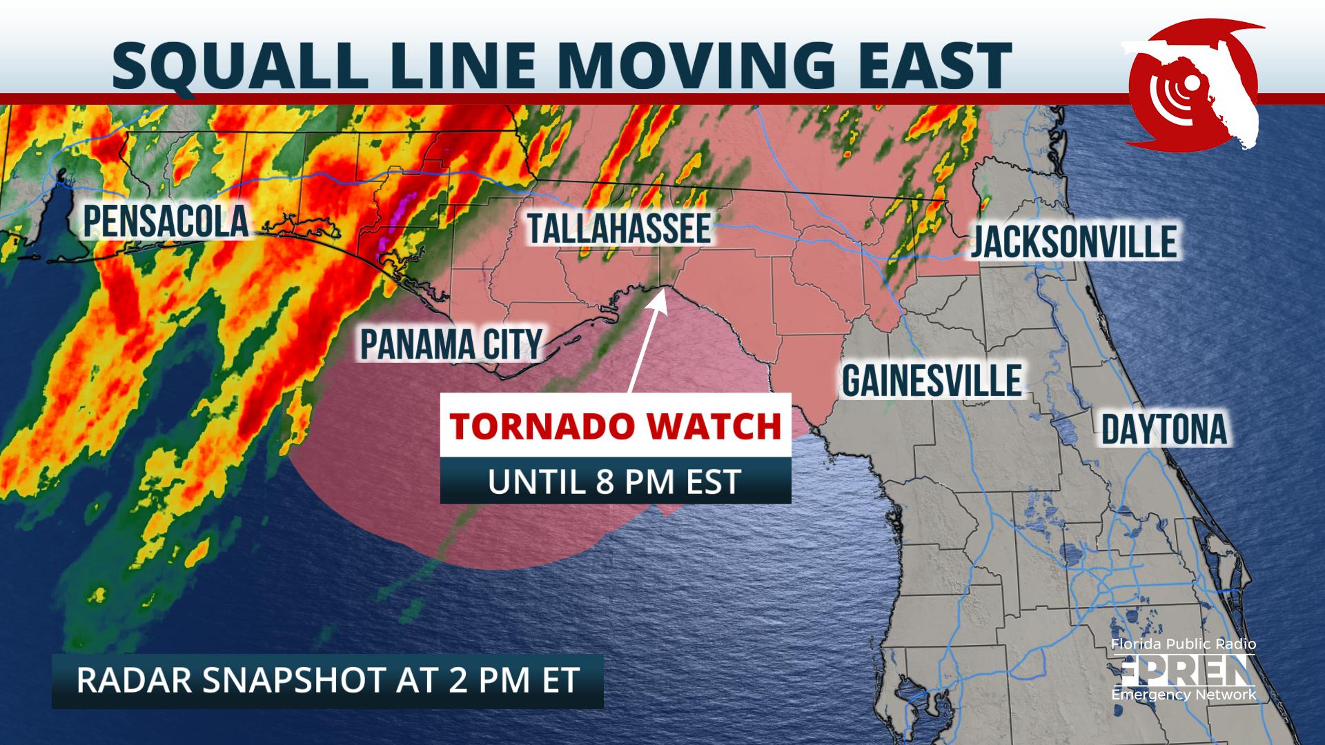 Wind Damage and Tornado Risk Now Moving Toward Tallahassee Florida Storms