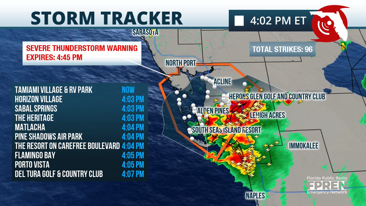 A Severe Thunderstorm Warning has been issued for Charlotte and Lee