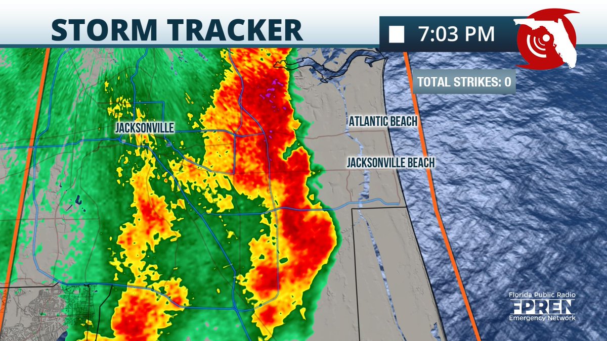 Showers and thunderstorms are approaching the coast near 