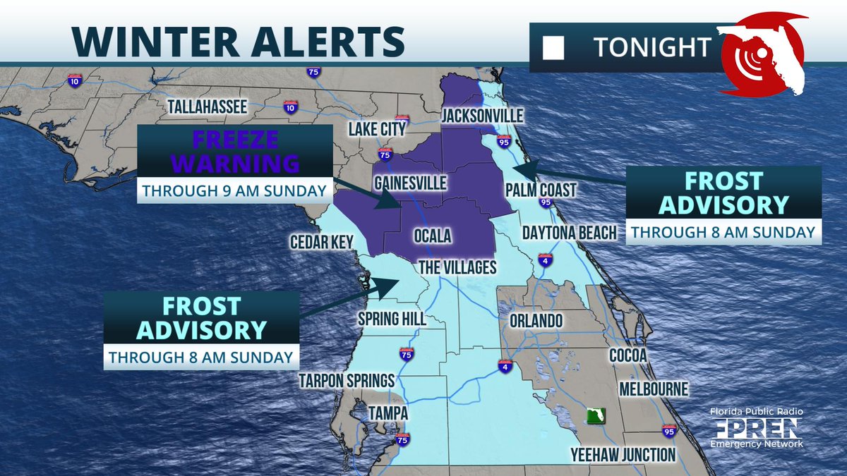 Frost and freeze alerts have been issued for NFla and parts of CenFla