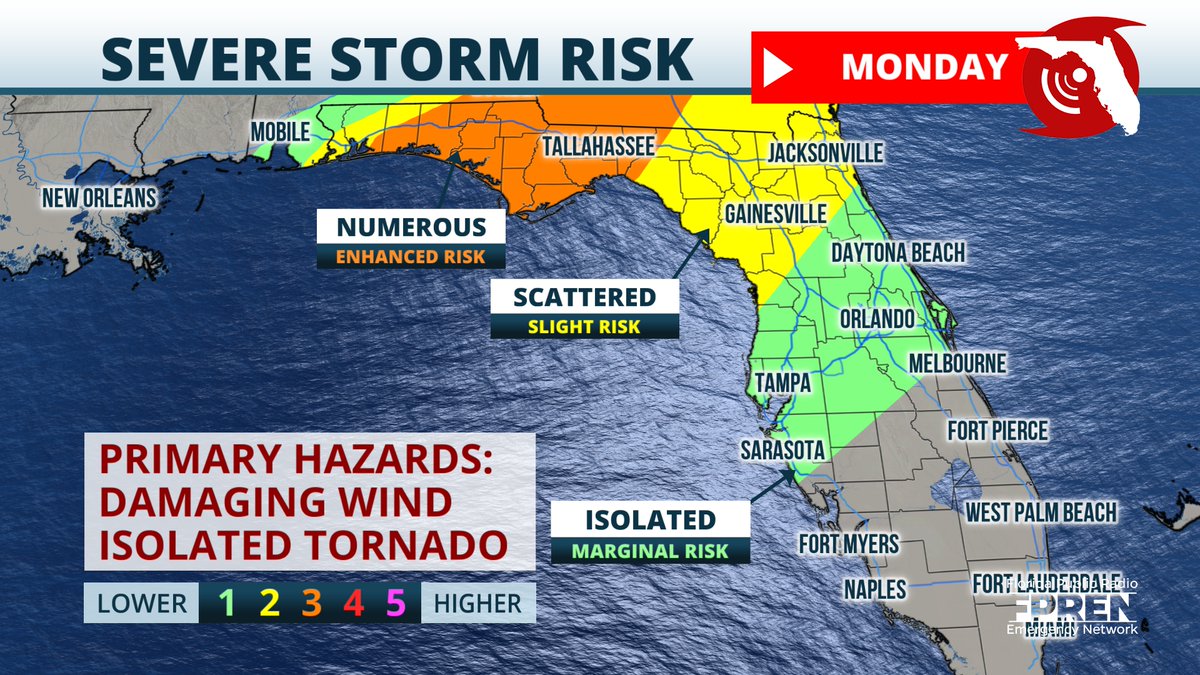 Wind Damage and Tornadoes Possible in Florida Monday Afternoon and