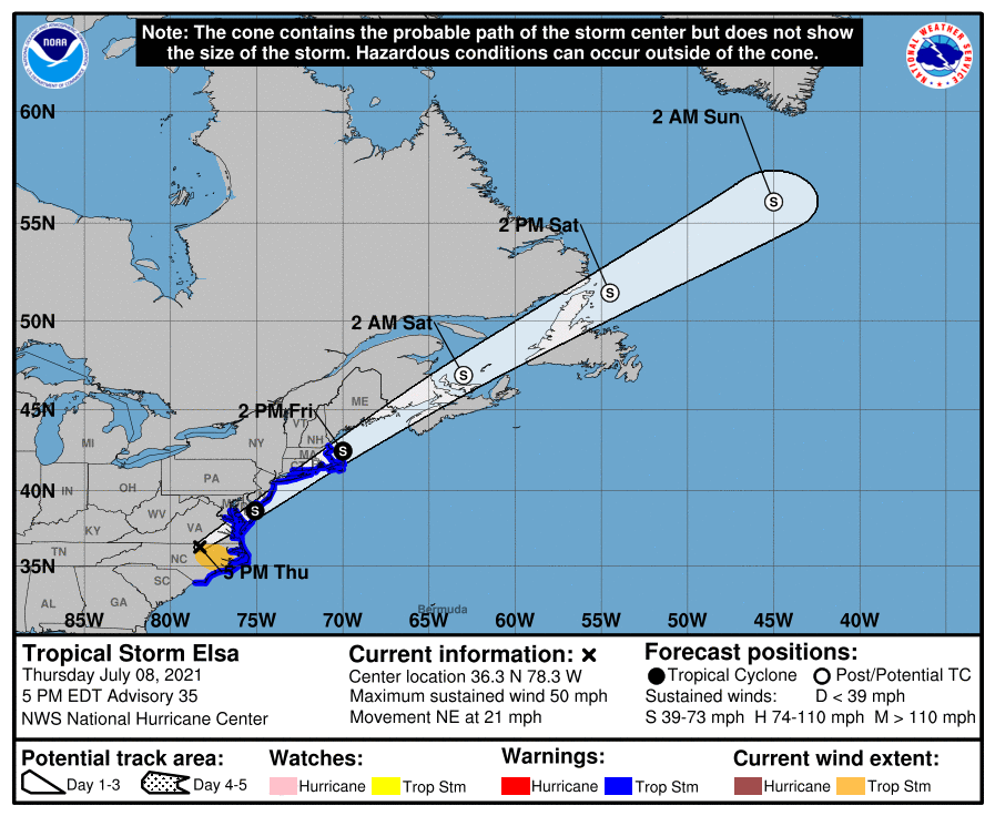 Official forecast track of Tropical Storm Elsa