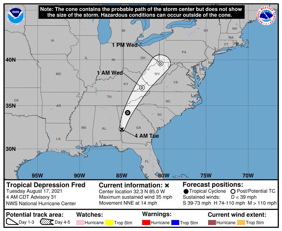 Official forecast track of Tropical Depression Fred