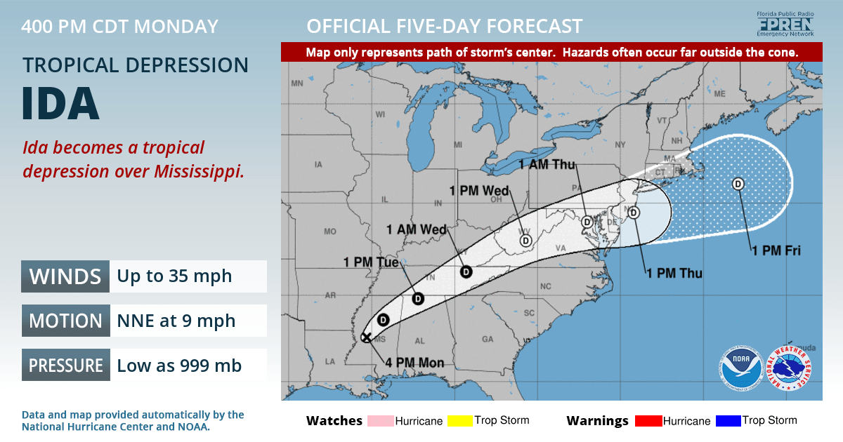 Official forecast track of Tropical Depression Ida