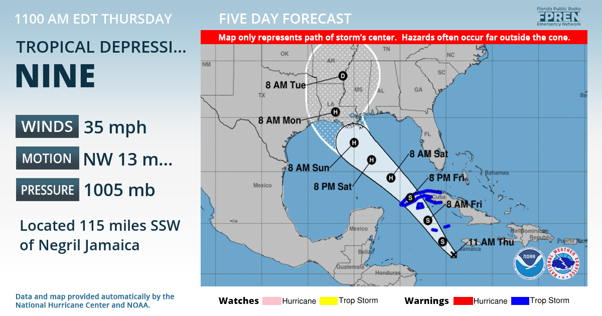 Official forecast track of Tropical Depression Nine