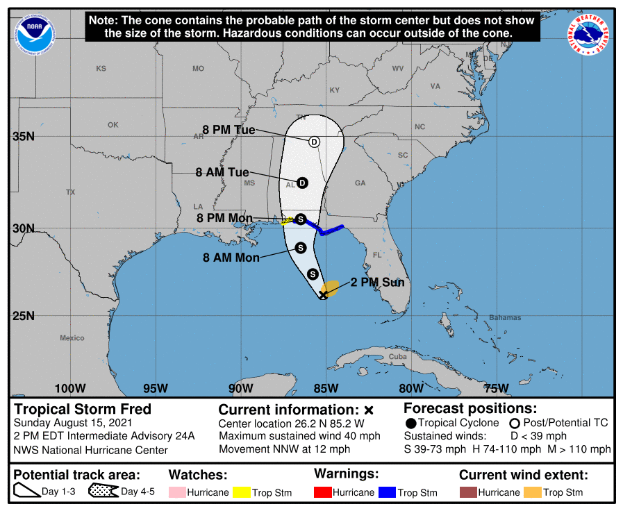 Official forecast track of Tropical Storm Fred