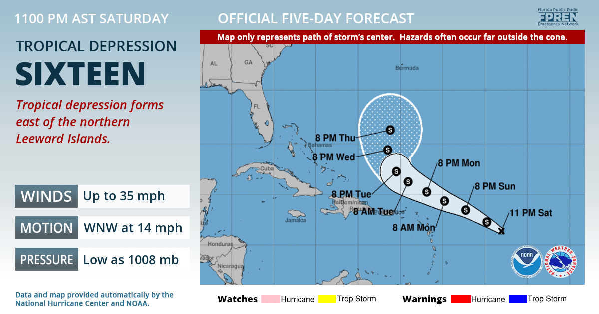 Official forecast track of Tropical Depression Sixteen