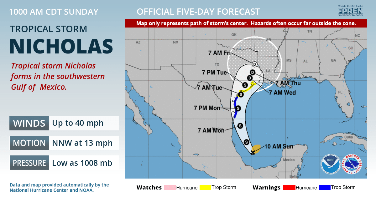 Official forecast track of Tropical Storm Nicholas