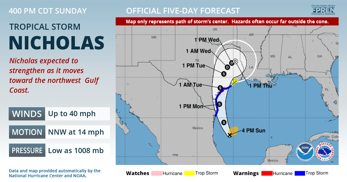 Official forecast track of Tropical Storm Nicholas