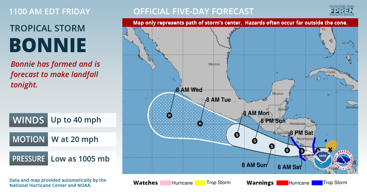 Official forecast track of Tropical Storm Bonnie
