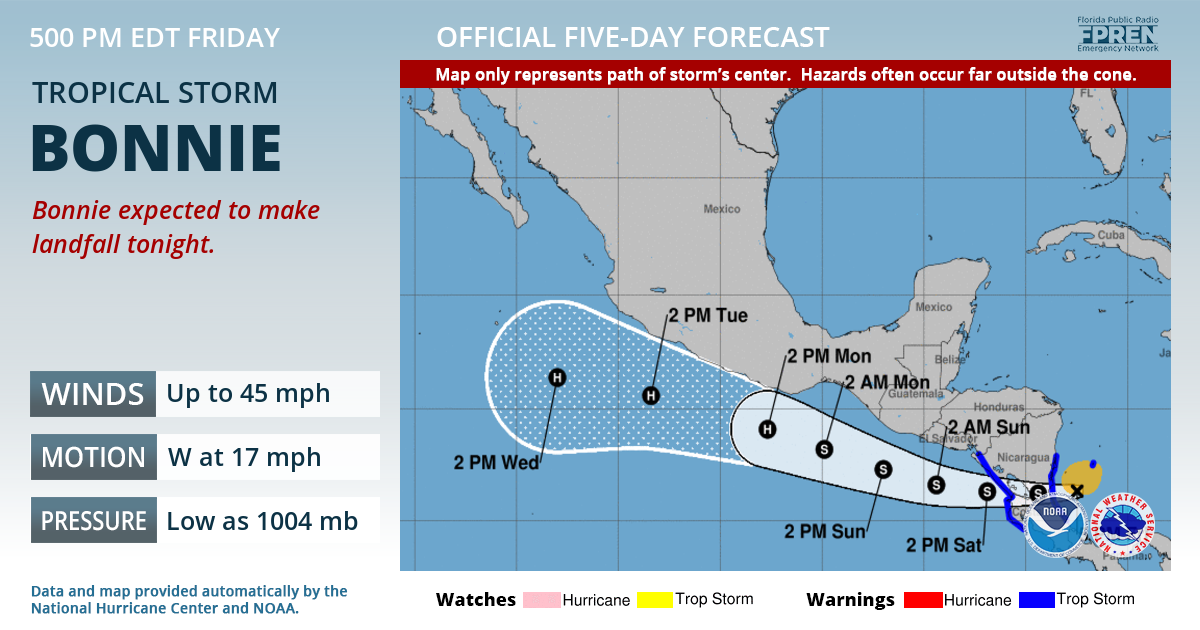 Official forecast track of Tropical Storm Bonnie